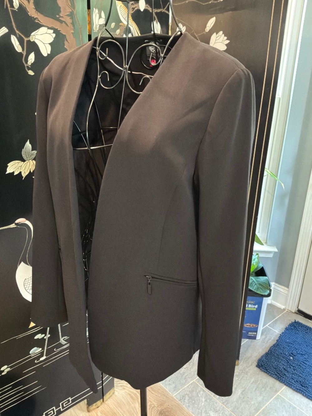 Vince Camuto Black Collarless Open Front Zip Pocket Blazer Jacket Size 8